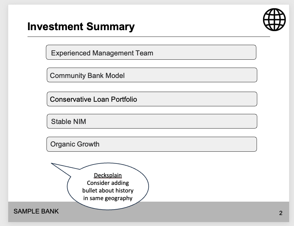 Investment Summary slide with Decksplain suggesting to add bullet about history in same geography
